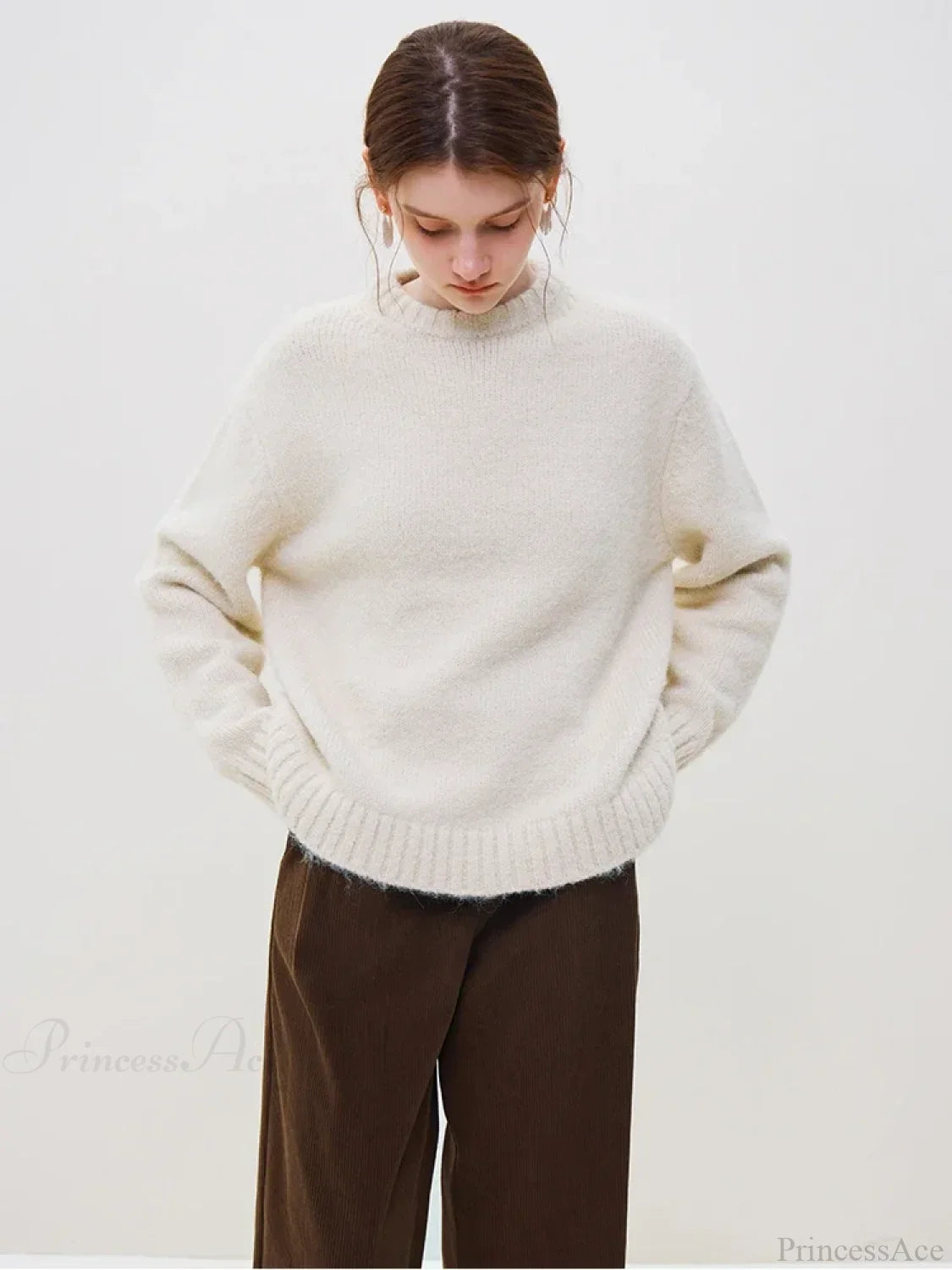 Warm Soft Waxy Round Neck Pullover Sweater creamy-white / S