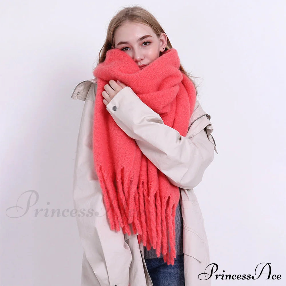 Warm Thick Cozy Elegant Stylish Chunky Soft Trendy Scarf Watermelon Red / 175Cm以上