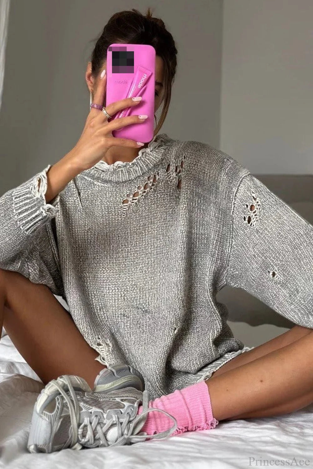 Washed Crew Neck Distressed Mid-Length Sweater