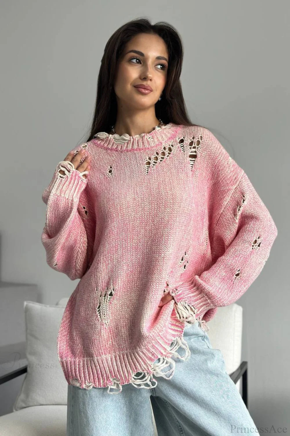 Washed Crew Neck Distressed Mid-Length Sweater