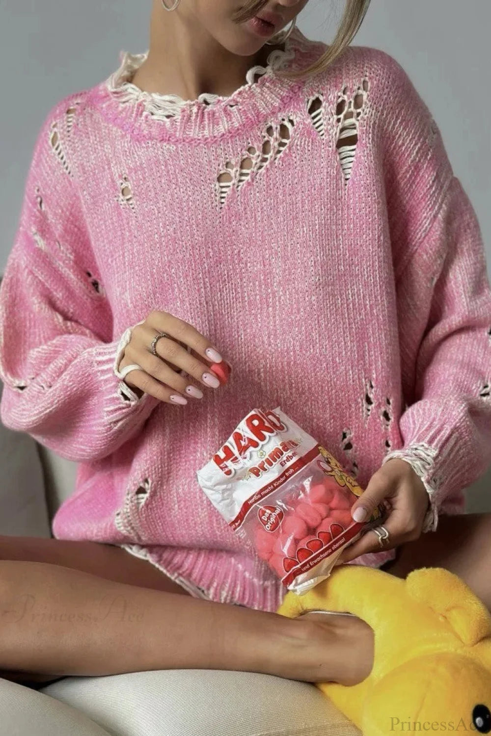 Washed Crew Neck Distressed Mid-Length Sweater Pink / S