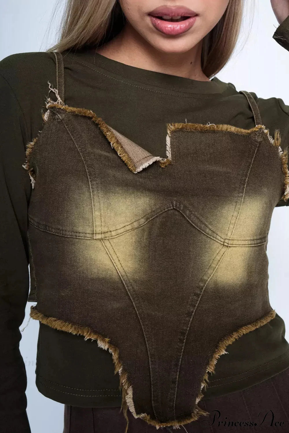 Washed Denim Cami Layered Slim Long Sleeve Tee