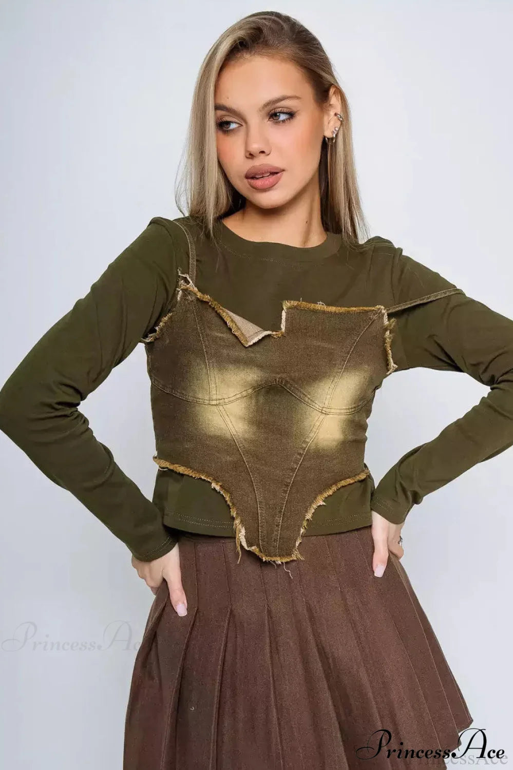 Washed Denim Cami Layered Slim Long Sleeve Tee Green / S