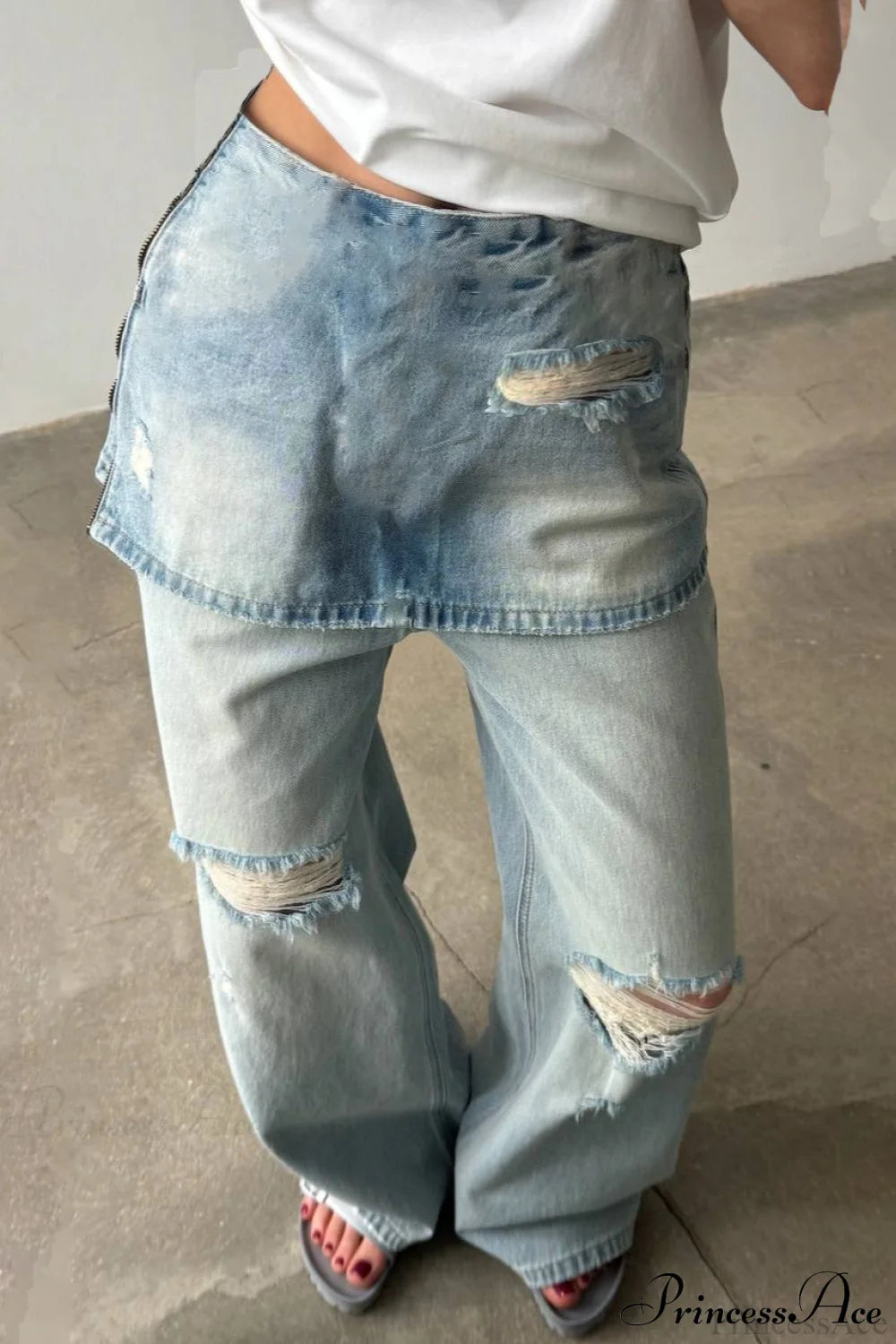 Washed Denim High Waisted Irregular Wide Leg Jeans Blue hole / S