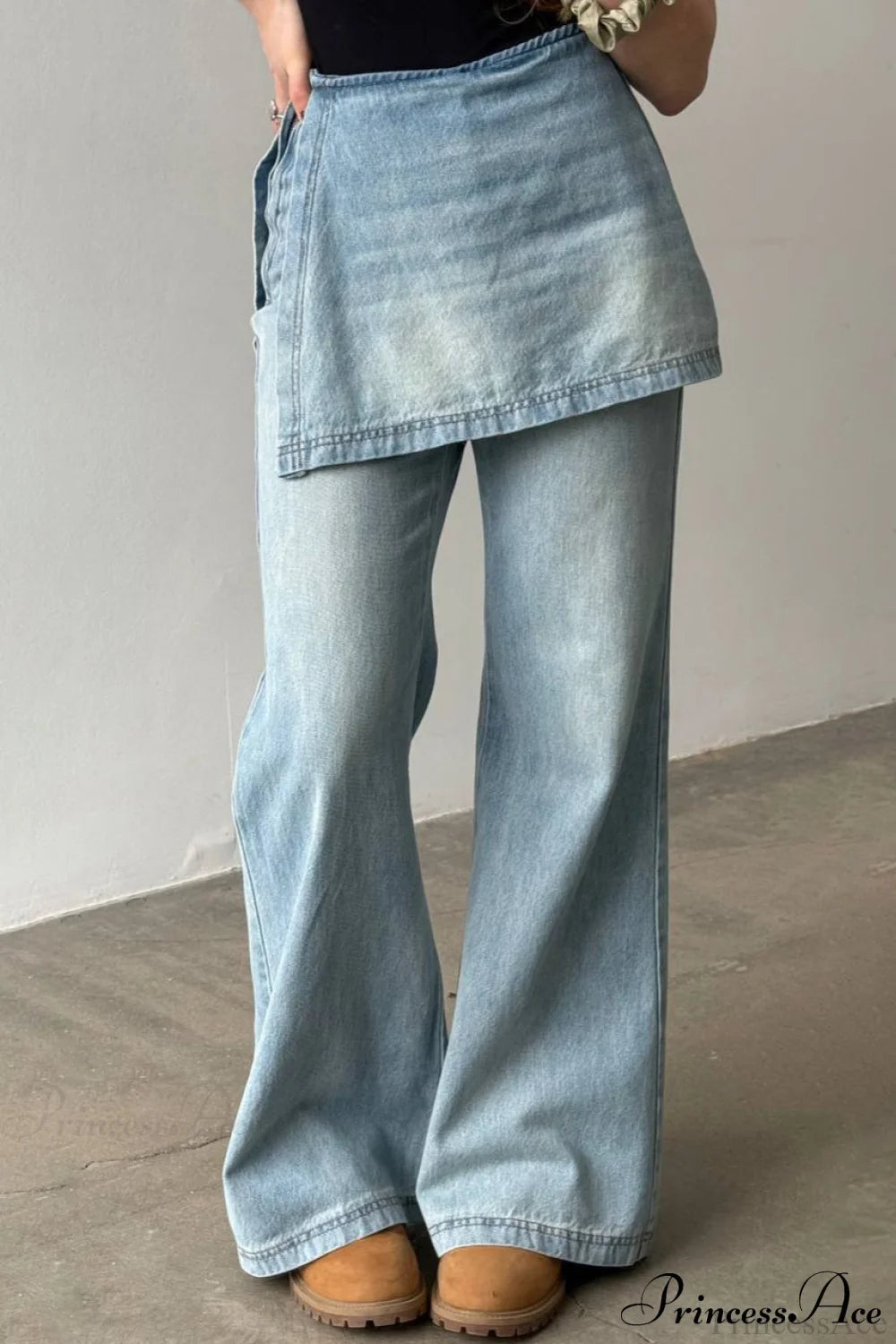 Washed Denim High Waisted Irregular Wide Leg Jeans Blue / S