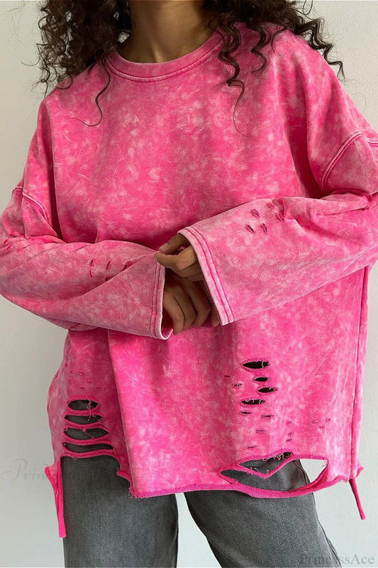 Washed Distressed Speckled Crew Neck Long Sleeve Tee