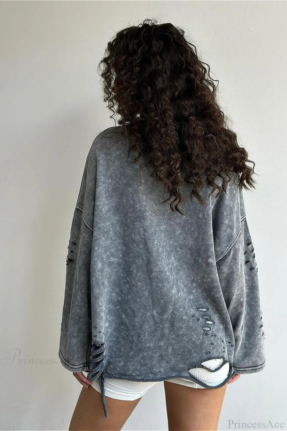 Washed Distressed Speckled Crew Neck Long Sleeve Tee
