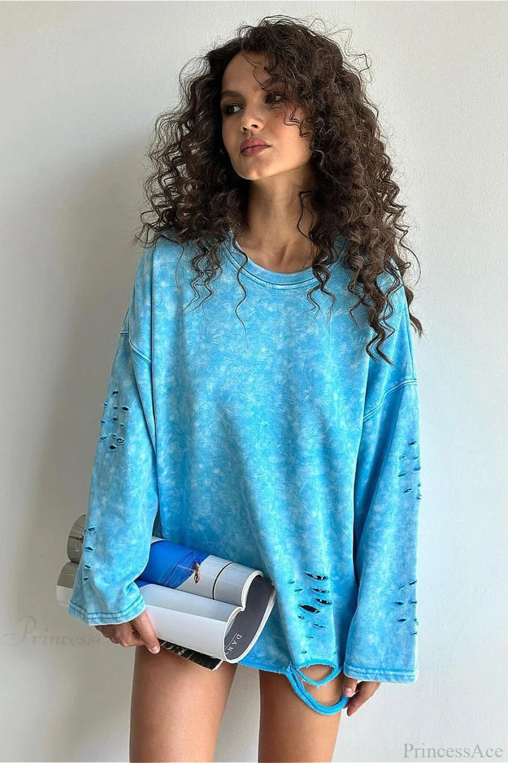 Washed Distressed Speckled Crew Neck Long Sleeve Tee Blue / S