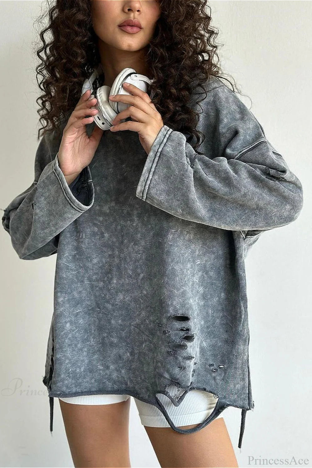 Washed Distressed Speckled Crew Neck Long Sleeve Tee Grey / S