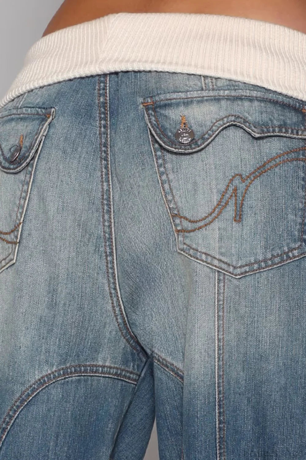 Washed Distressed Sporty Waist Wide Leg Jeans