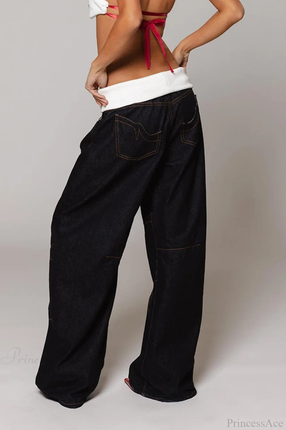 Washed Distressed Sporty Waist Wide Leg Jeans