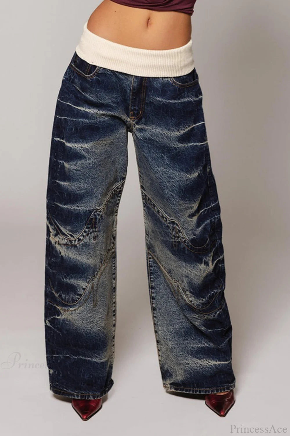 Washed Distressed Sporty Waist Wide Leg Jeans Dark Blue / S