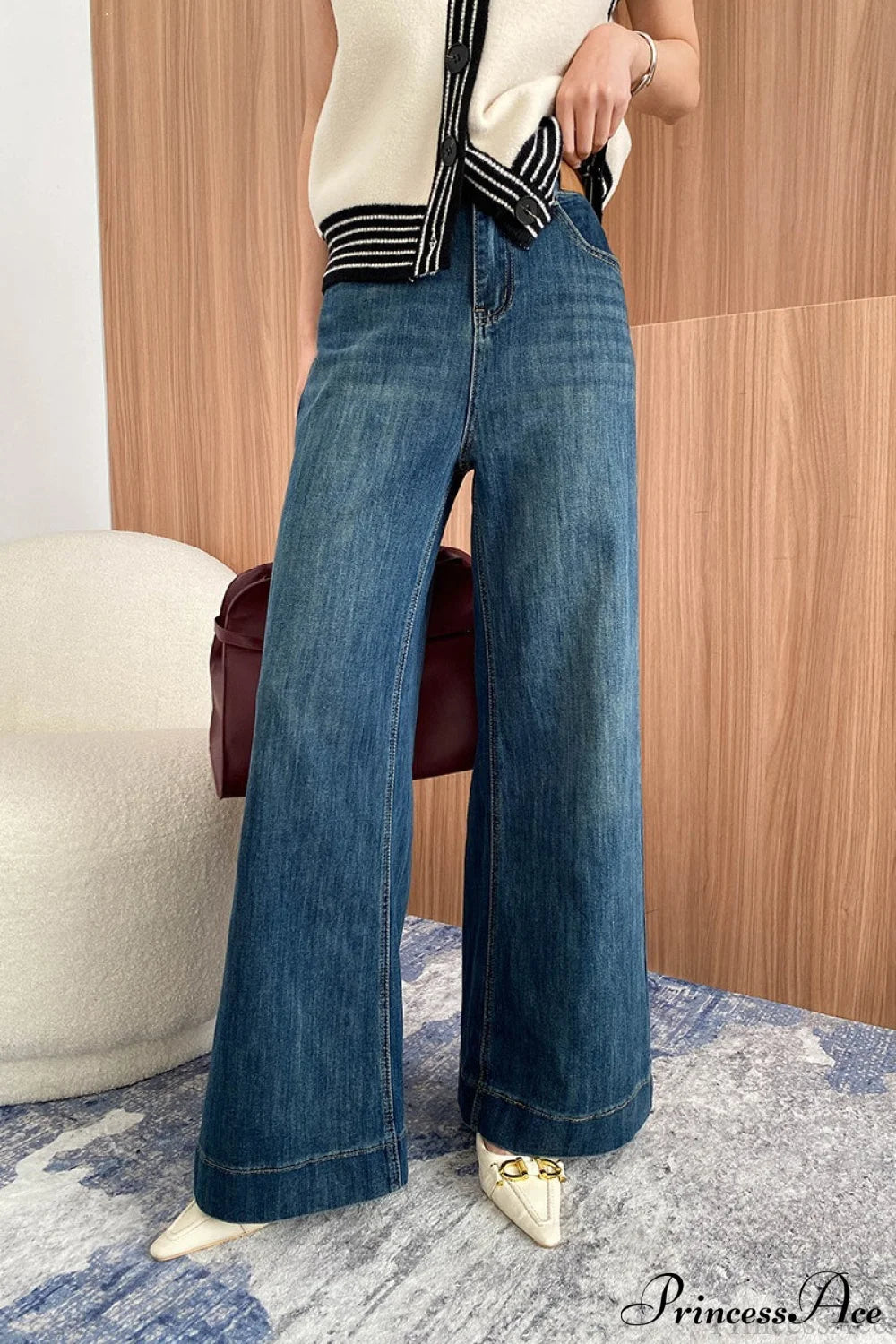 Washed High Waist Slimming Bootcut Loose Jeans Dark blue / S