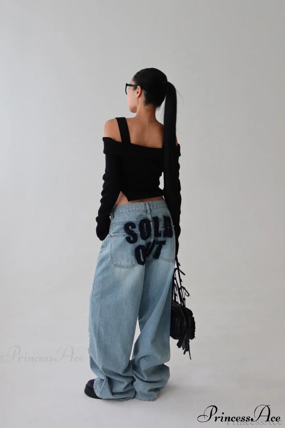 ：Washed Letter Print Distressed Relaxed Straight Jeans