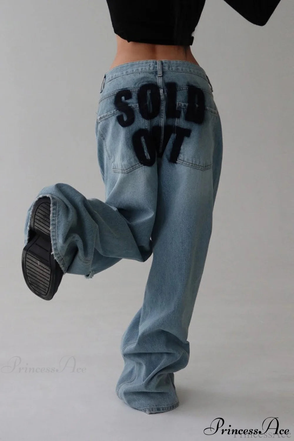 ：Washed Letter Print Distressed Relaxed Straight Jeans