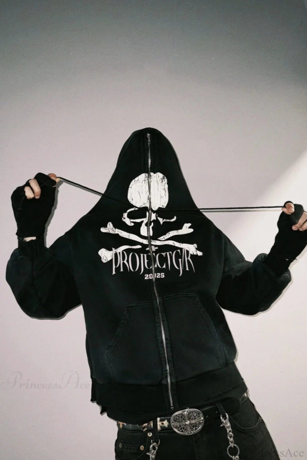 Washed Skeleton Print Zip Up Hoodie Black / S