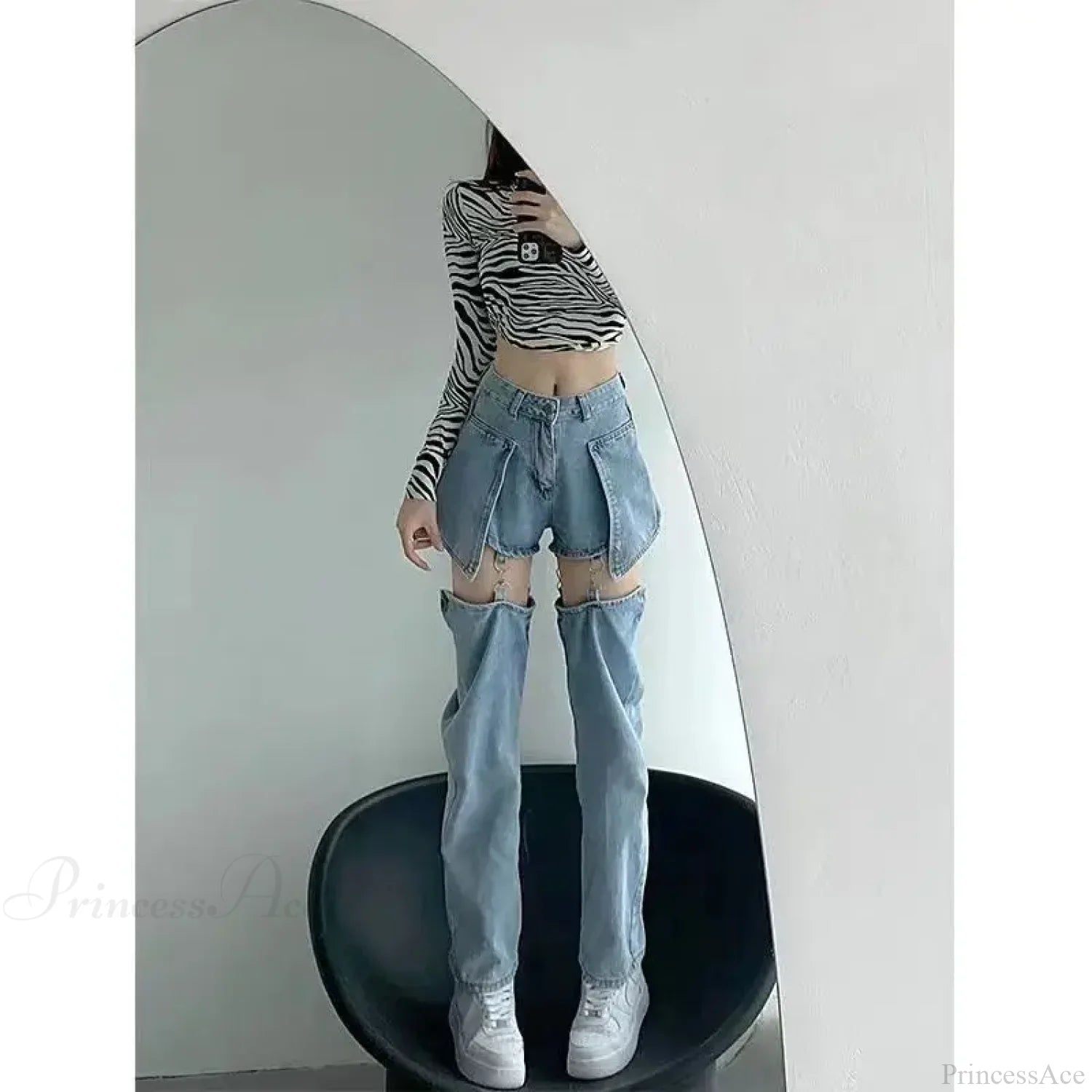 Washed Zipper Fake Ripped Denim Pants