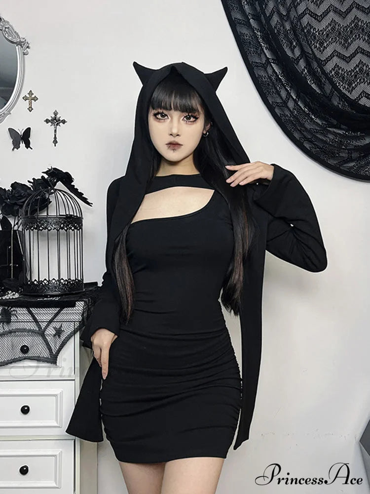 Wasteland Kitten Hollow Out Long Sleeve Folds Bodycon Dress Halloween