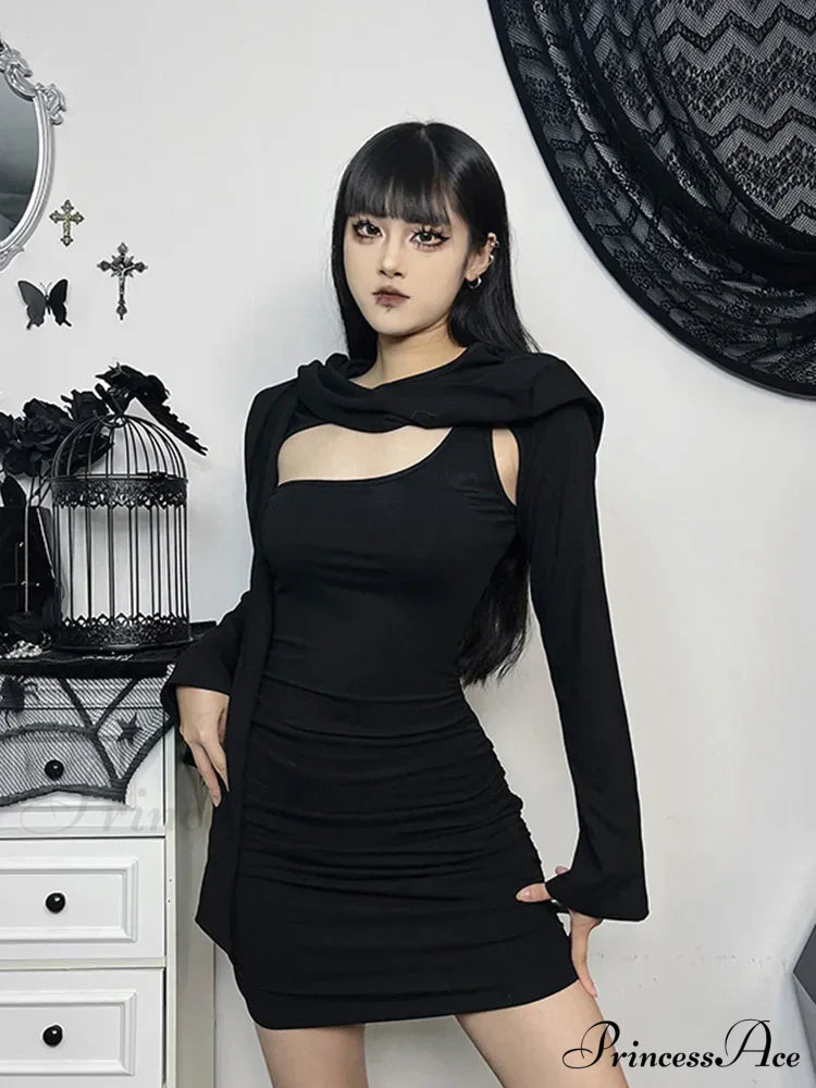 Wasteland Kitten Hollow Out Long Sleeve Folds Bodycon Dress Halloween