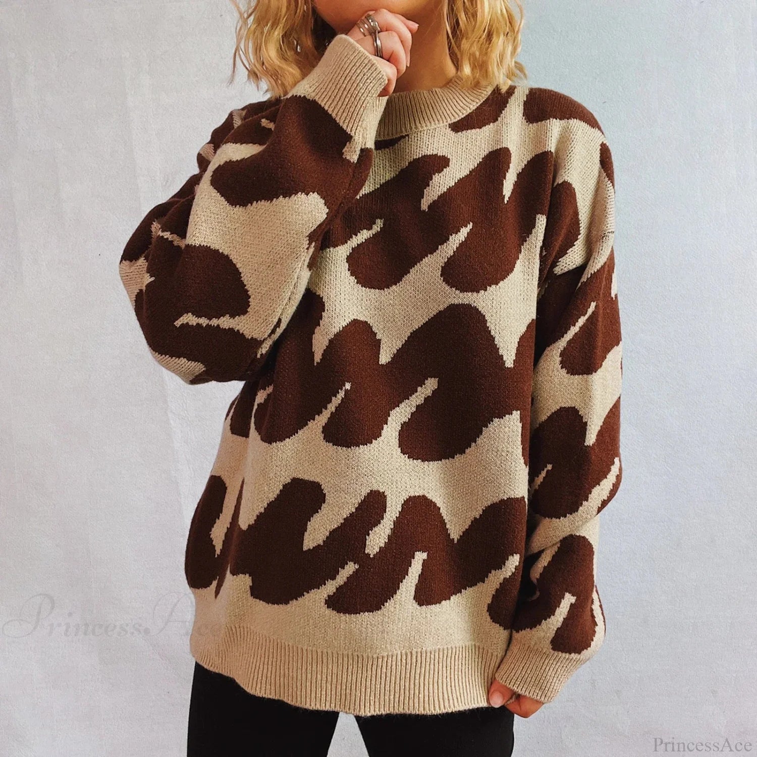 Wave Stripe Print Crew Neck Warm Sweater