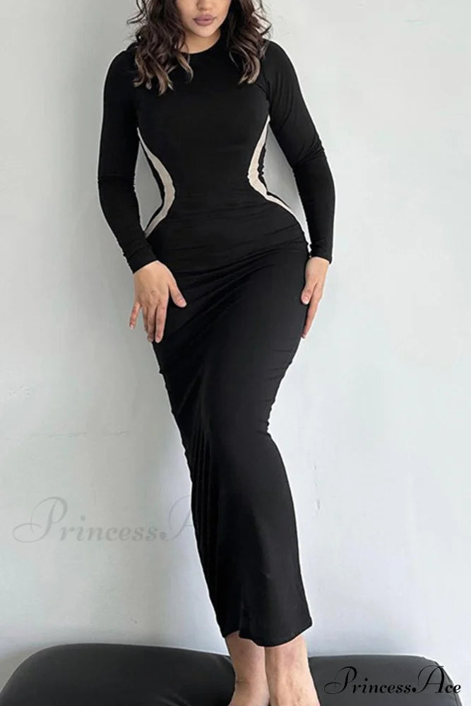 Wavy Slim Fit Midi Dress With Contrast Black / Xl Dresses