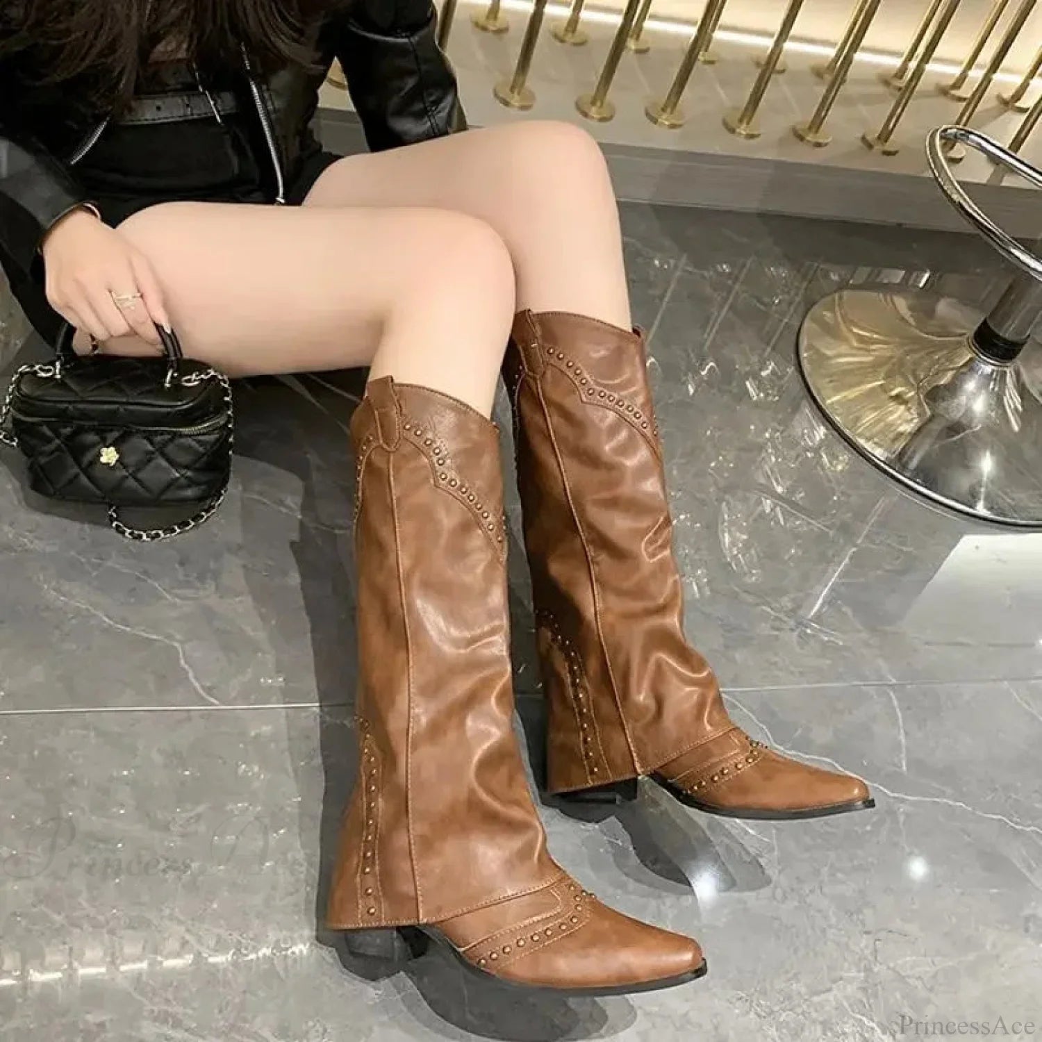 Western Cowboy Long Tube Punk Boot Brown / 35