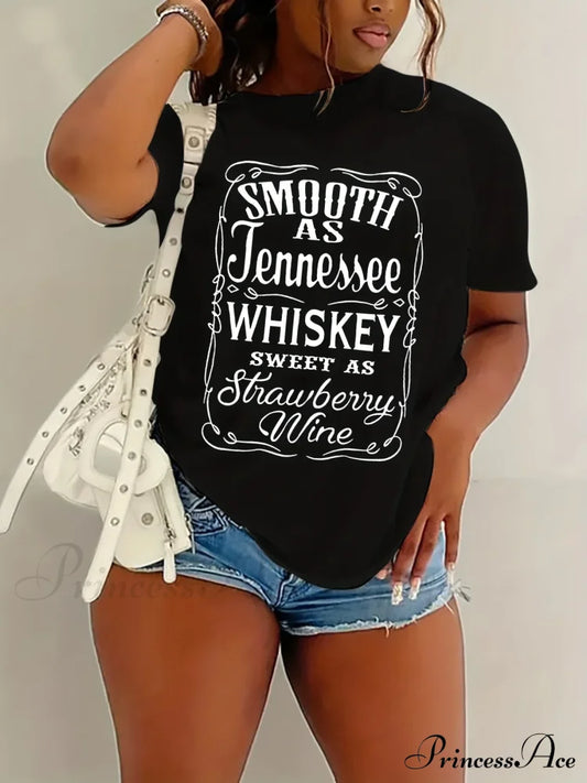 Whiskey Letter Print Sleeve Spring&Summer Crew Neck Women’s Casual Tee T-Shirt