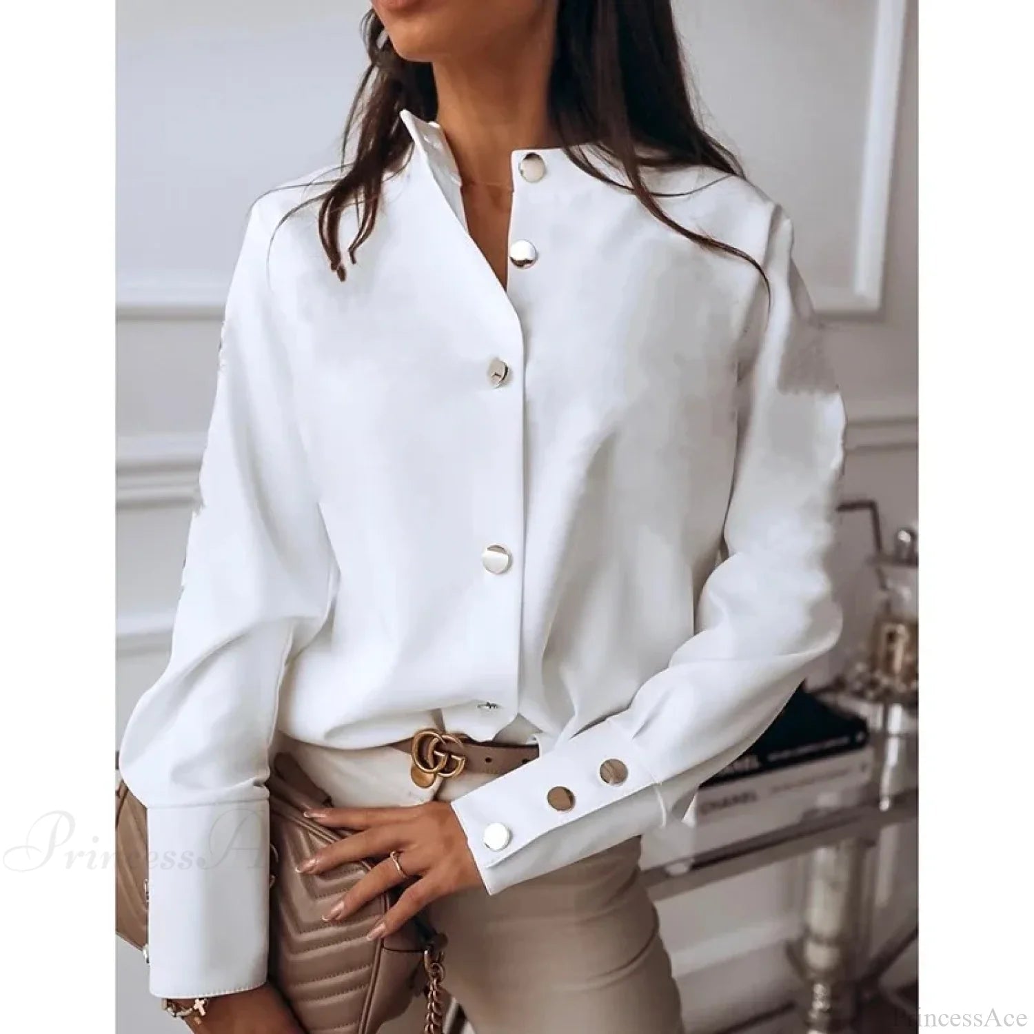 White and Black Long Sleeve Casual Blouse WHITE / S blouse-250126