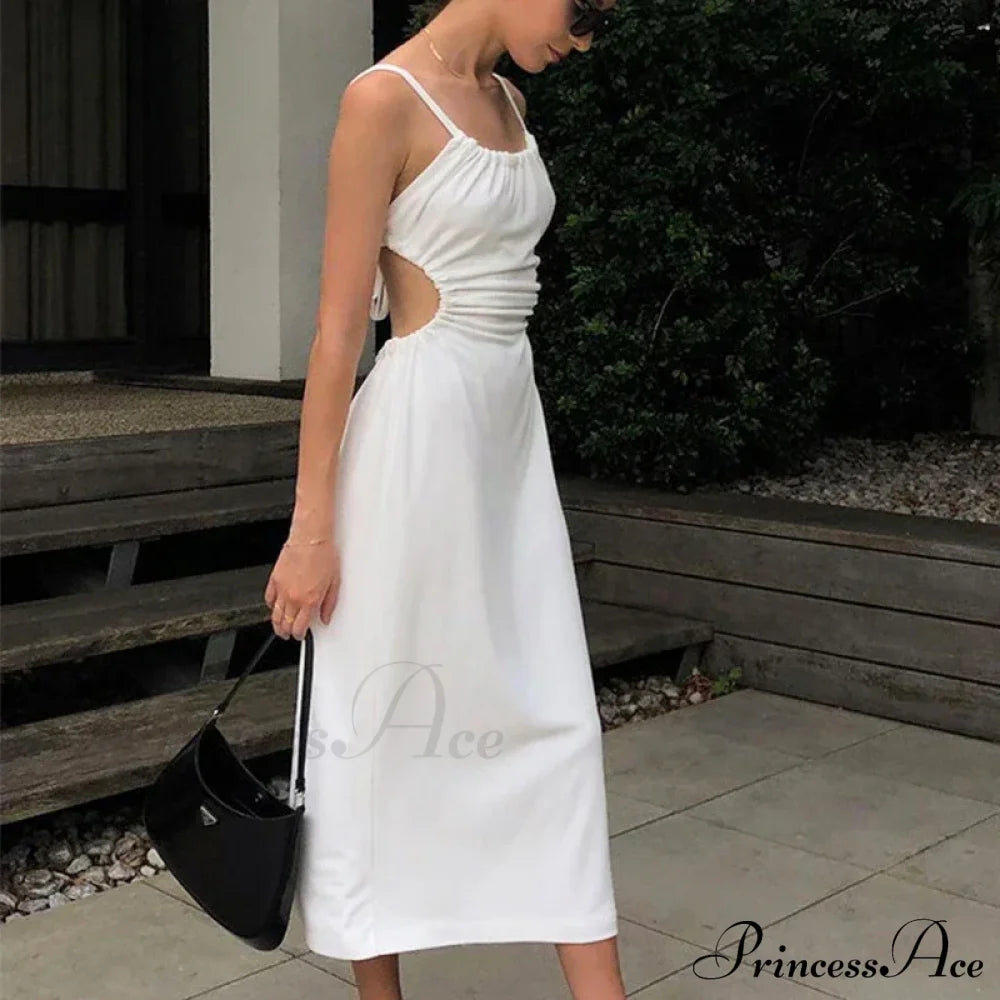 White Backless Hollow Out Bandage Spaghetti Strap Midi Dress White / S