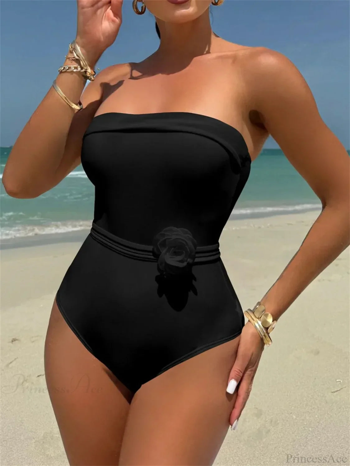 White Black 3D Flower One Piece Swimsuit Black / S onepiece-250223