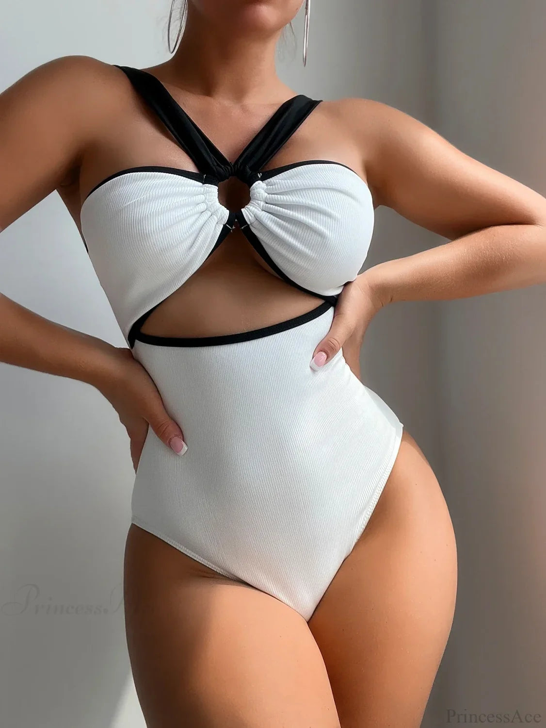 White Black Patchwork Metal Ring One Piece onepiece-250223