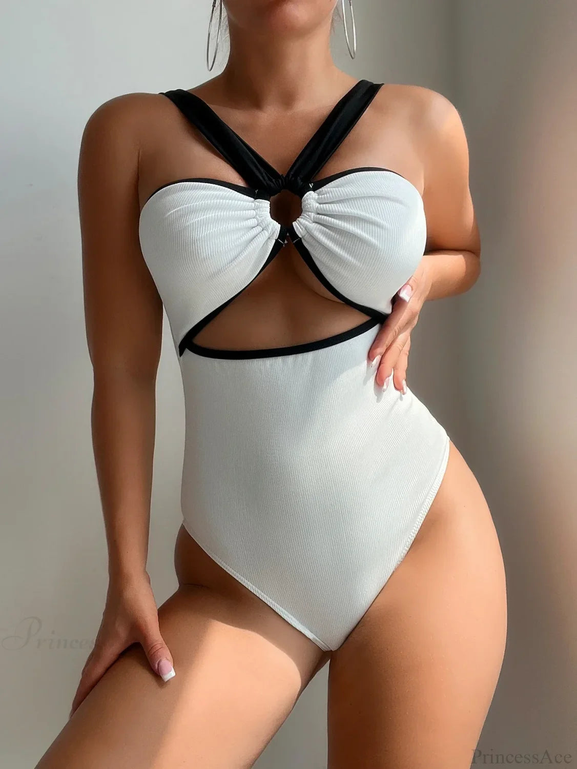 White Black Patchwork Metal Ring One Piece WHITE / S onepiece-250223