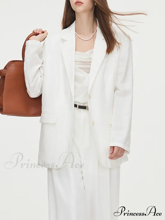 White Commuter Simple Linen Autumn New Notched Collar Office Chic Coat Coats-L