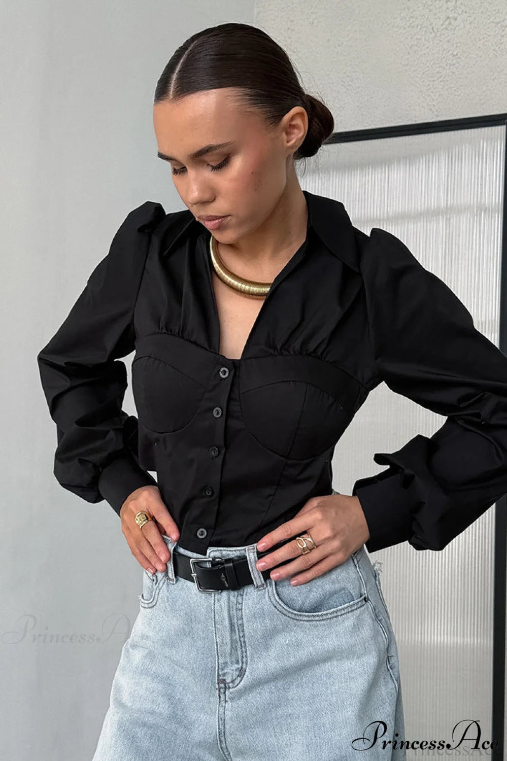 White Cotton Collared Puff Sleeve Blouse