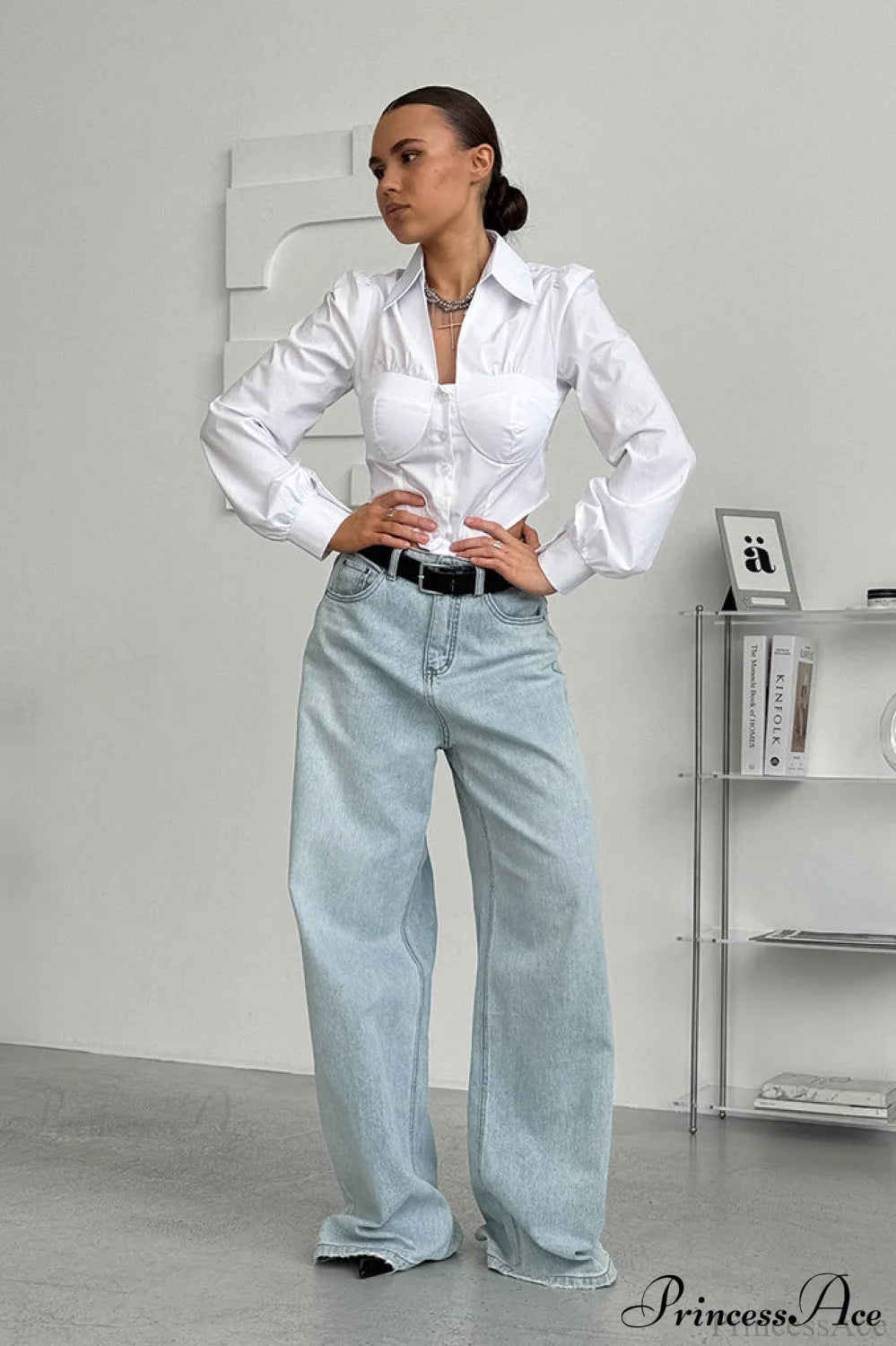 White Cotton Collared Puff Sleeve Blouse