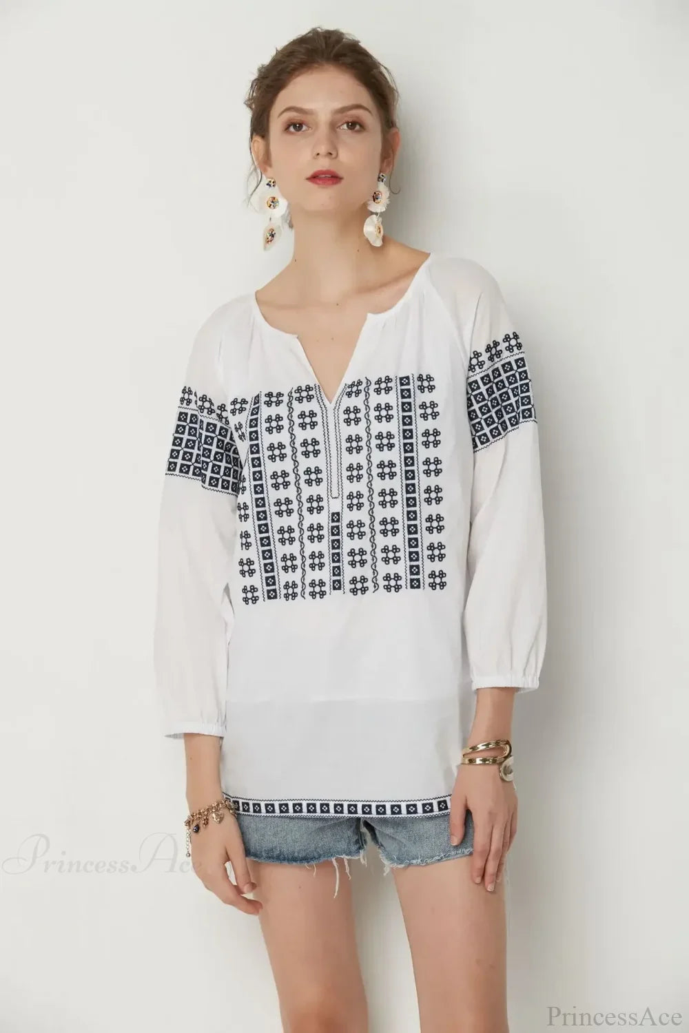 White Cotton Embroidery V-Neck Loose Pullover Boho Blouse bohoblouse-250126