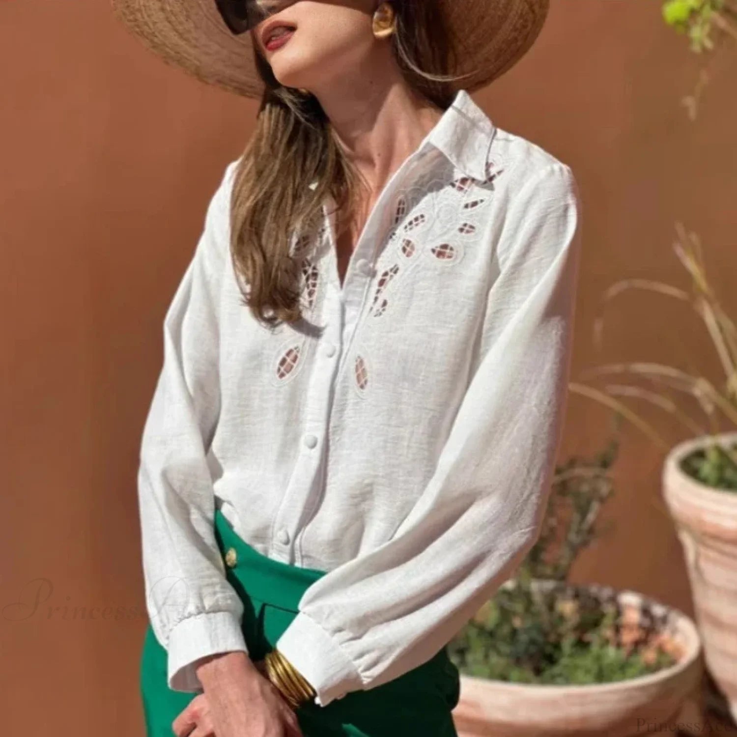 White Cotton Linen Lace Floral Embroidery Boho Blouse bohoblouse-250126