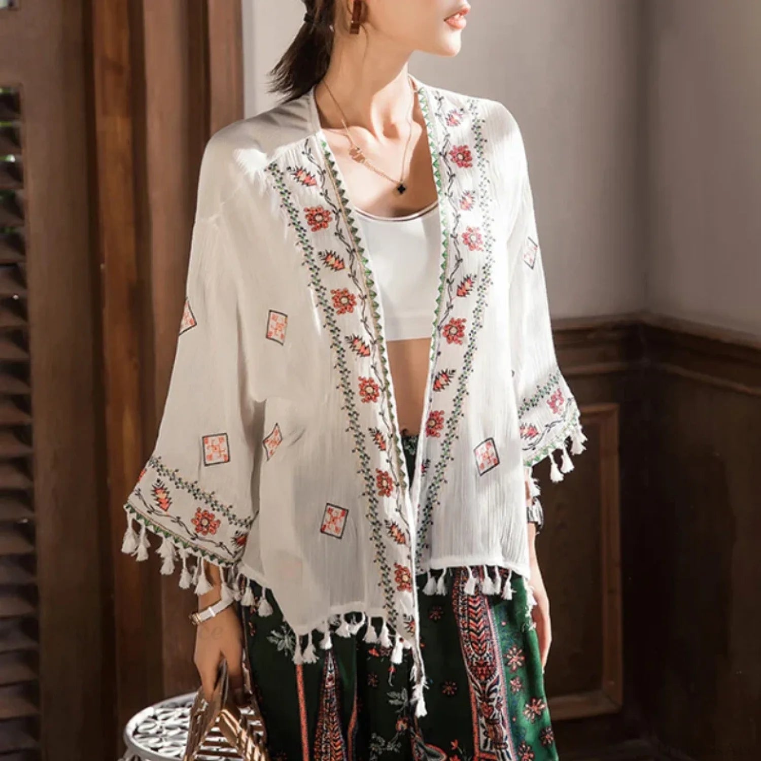 White Cotton Rayon Floral Embroidery Beach Cover up White / One Size bohocoverup-250126