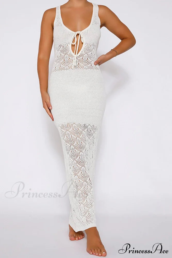 White Crochet Hollow Out Tank Dress With Tie-Back Midi Dresses