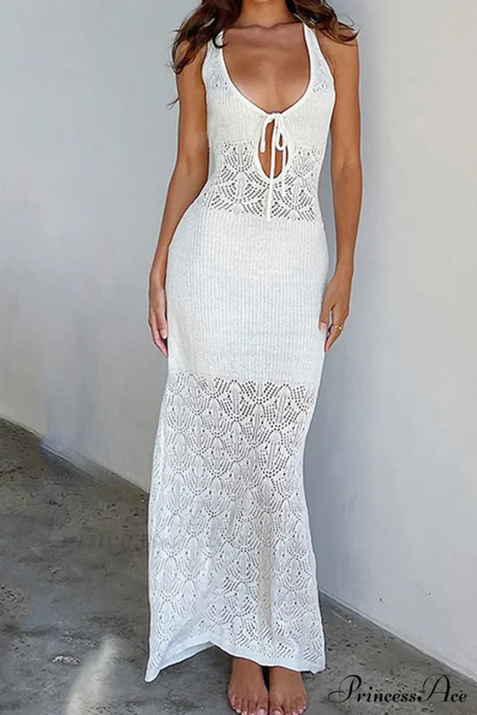 White Crochet Hollow Out Tank Dress With Tie-Back / Xs Midi Dresses