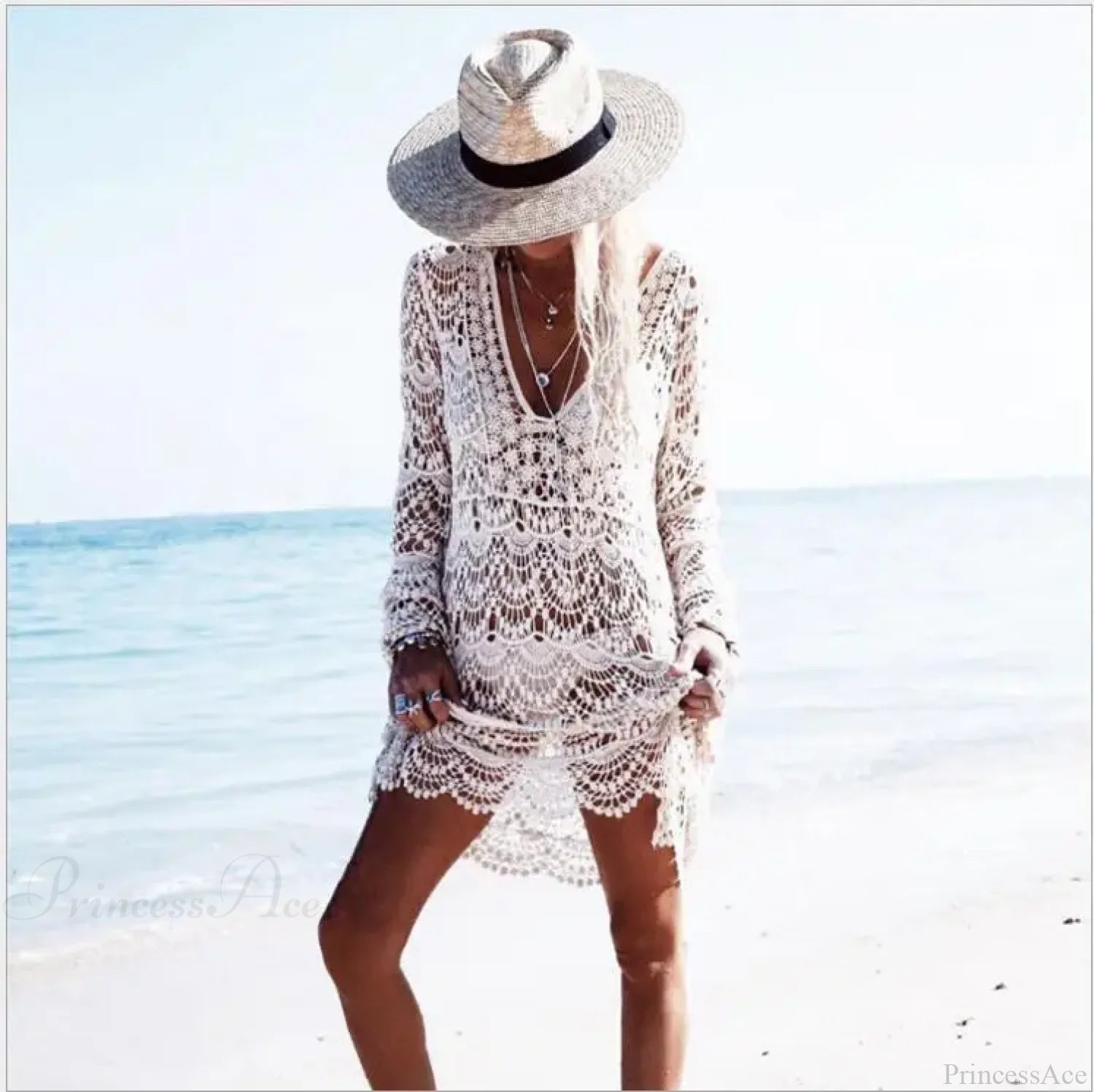 White Crochet Lace Bikini Boho Beach Cover up WHITE / One Size bohocoverup-250126