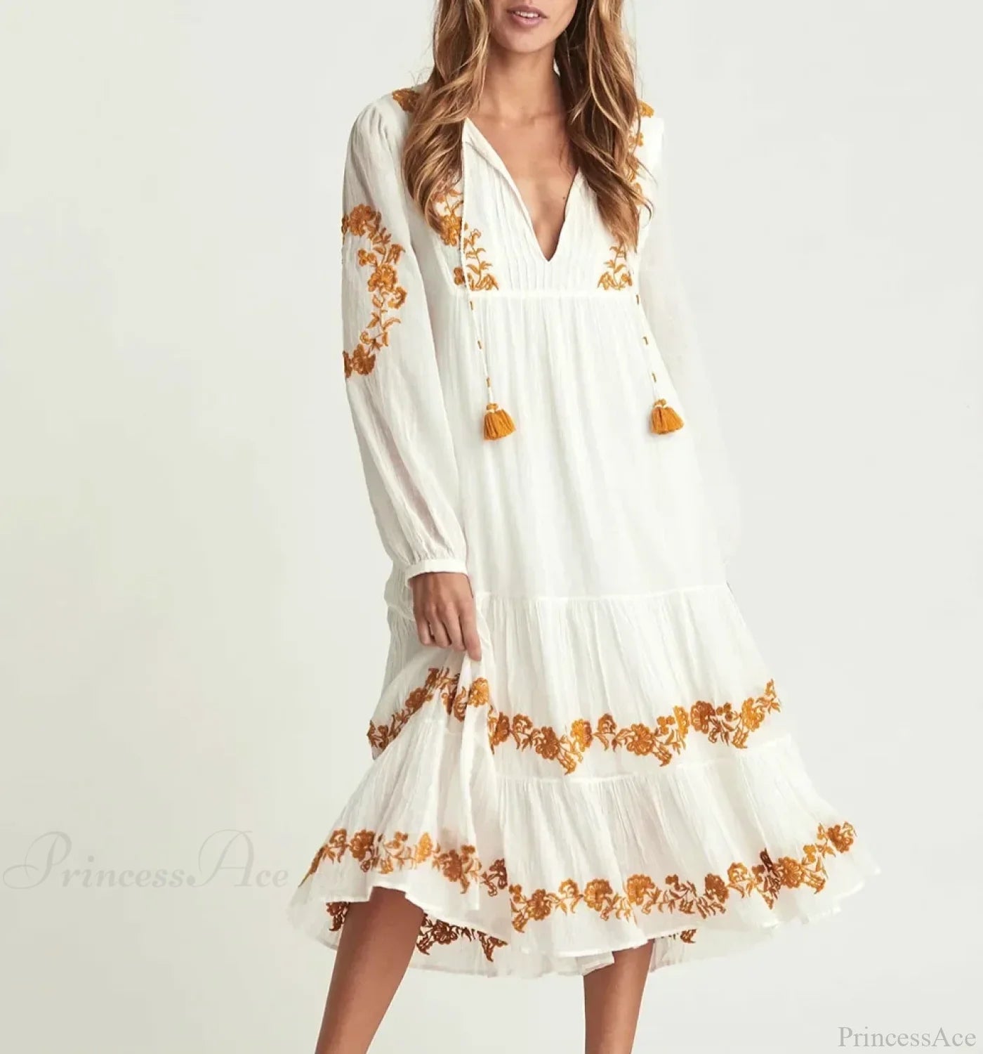 White Deep V Neck Long Sleeve Dress bohodress-250126