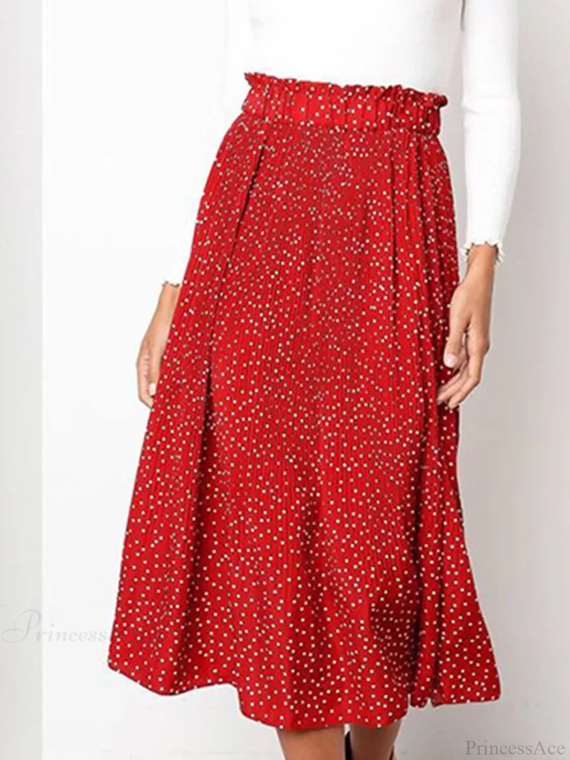 White Dots Floral Print Pleated Midi Skirt with Pockets skirt-250126
