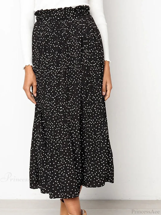 White Dots Floral Print Pleated Midi Skirt with Pockets Black / S skirt-250126