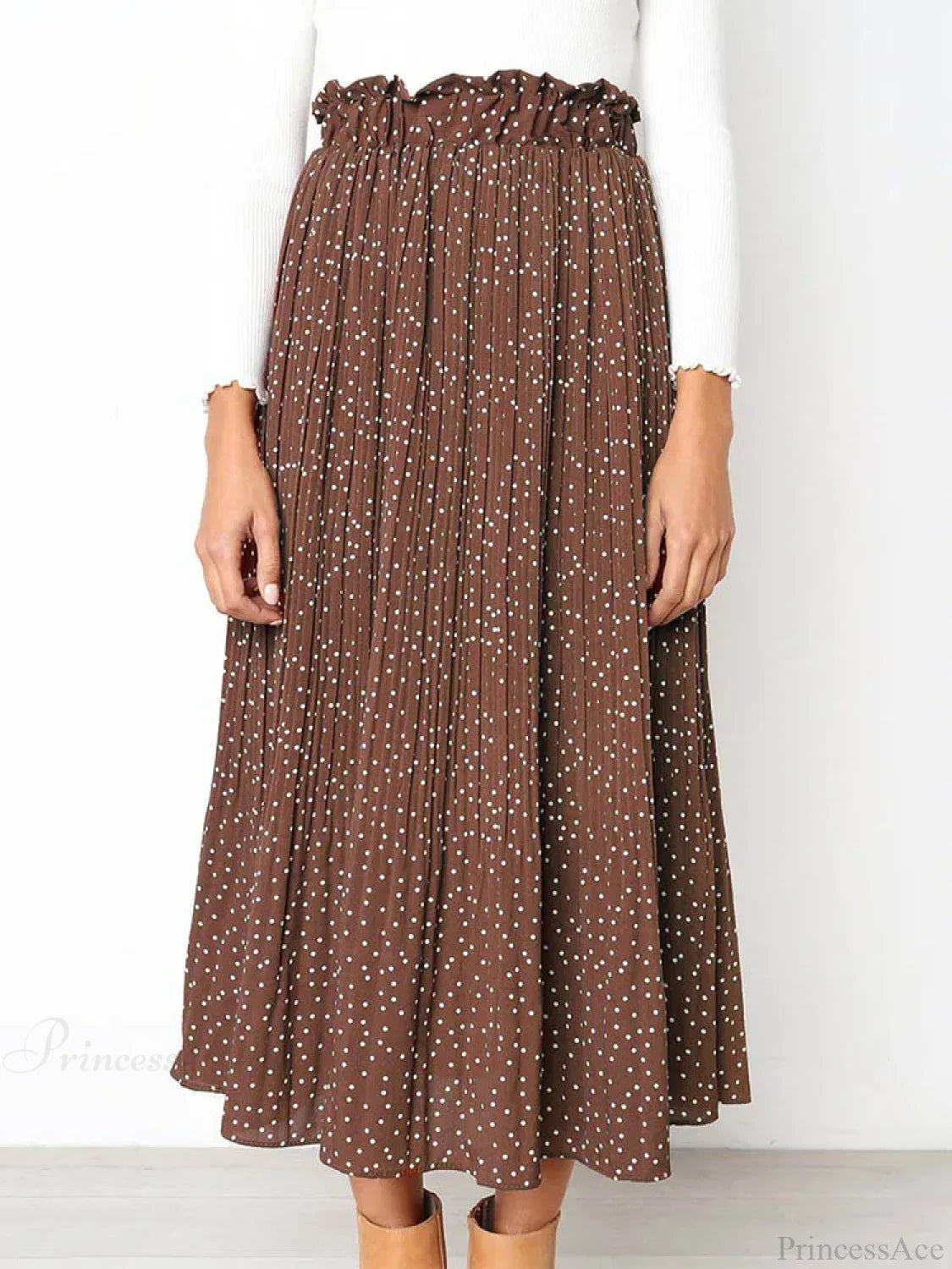 White Dots Floral Print Pleated Midi Skirt with Pockets Brown / S skirt-250126