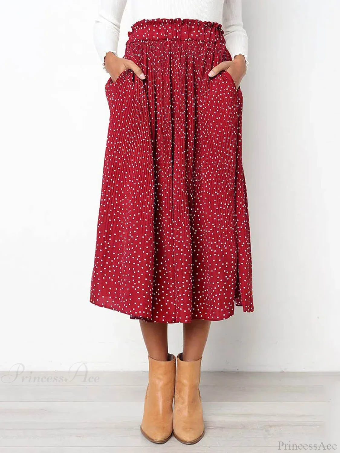 White Dots Floral Print Pleated Midi Skirt with Pockets Red / S skirt-250126