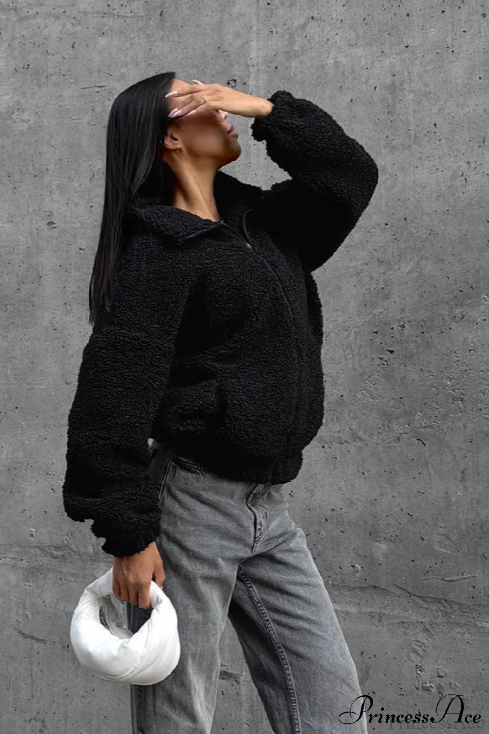 White Fleece Collared Warm Commute Coat Black / S