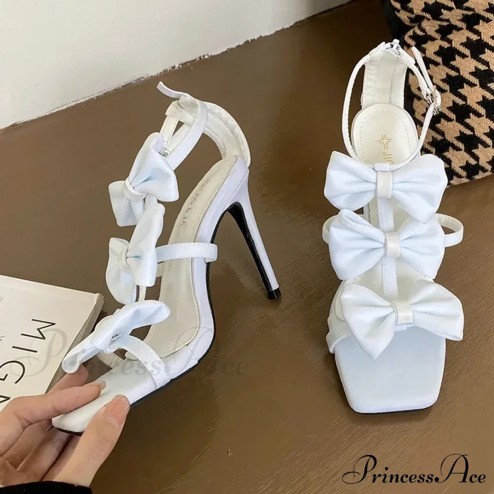 White French Women Sandals Summer Square Head Peep Toe Butterfly Knotbuckle Strap Super High Heels