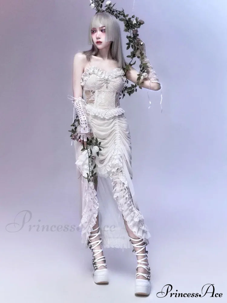 White Gothic Rope Lace Flying Sleeve Stiletto Strap Asymmetric Light Lolita Summer Party Evening