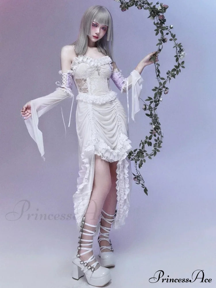 White Gothic Rope Lace Flying Sleeve Stiletto Strap Asymmetric Light Lolita Summer Party Evening